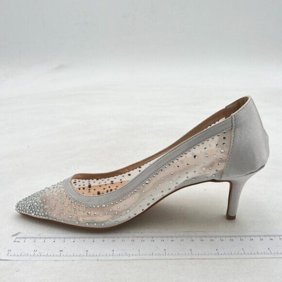 XYD Silver Women Mid Kitten Heels Pumps Rhinestones Mesh Slip On Pointed Toe - Picture 2 of 7